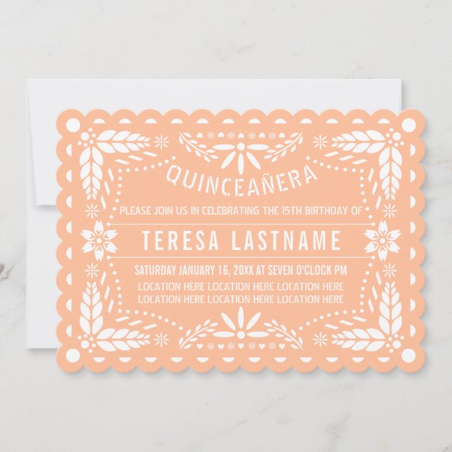 Peach fuzz and white papel picado Quinceañera Invitation (Front)