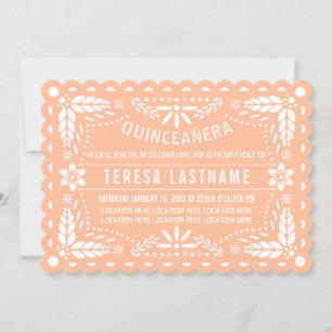 Peach fuzz and white papel picado Quinceañera Invitation