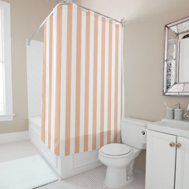 Peach fuzz and white wide striped shower curtain (In Situ)