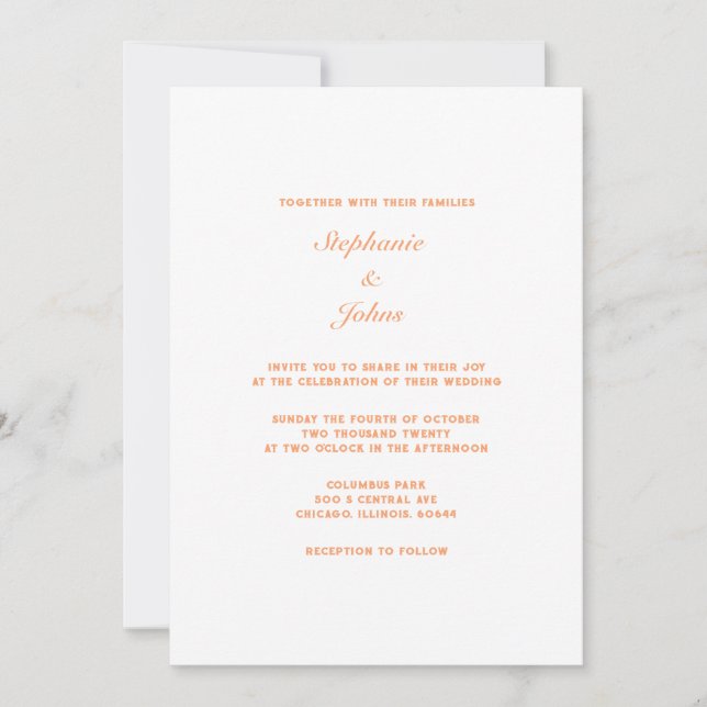 Peach Fuzz Apricot White Elegant Minimal Wedding Invitation (Front)