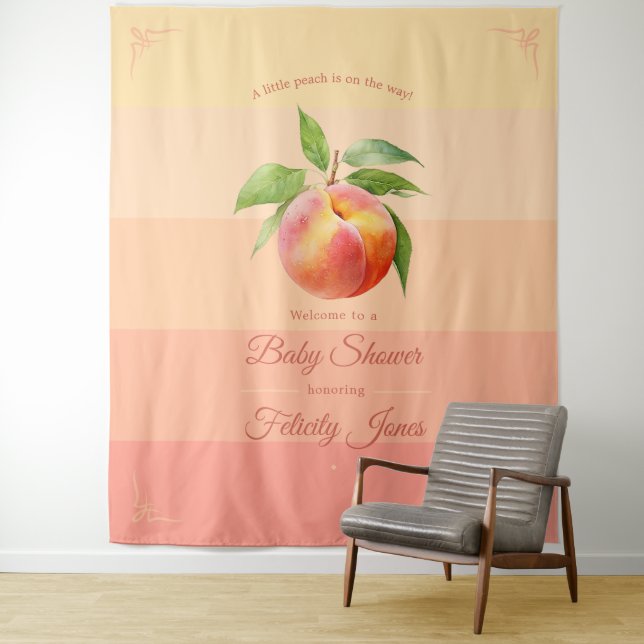 Peach Fuzz Baby Shower Backdrop Tapestry (In Situ)