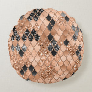 Peach Fuzz Black Mermaid Scales Glam #1  Round Cushion