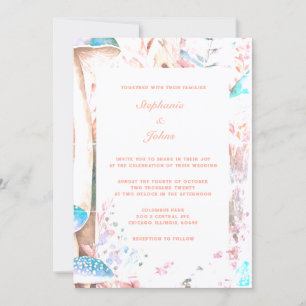 Peach Fuzz Blue Mushroom Art Boho Woodland Wedding Invitation