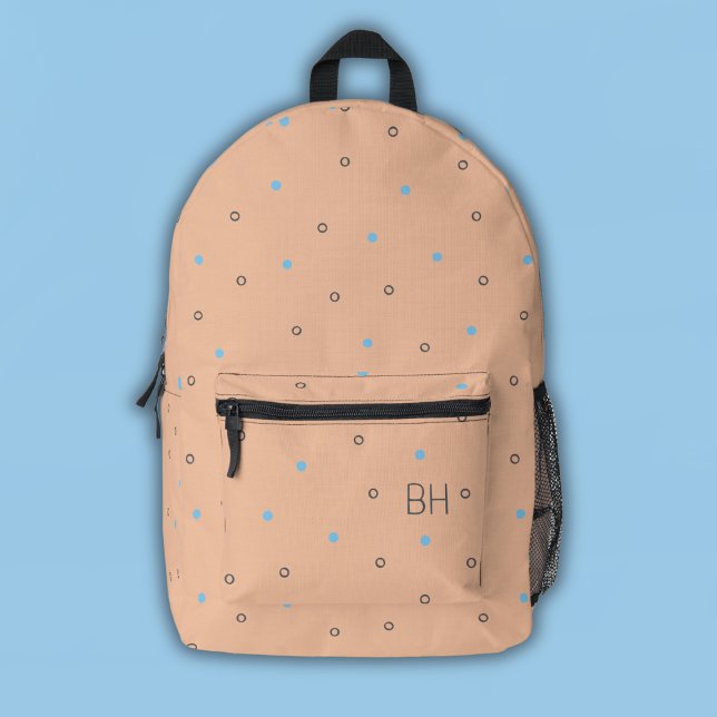 Peach Fuzz & Blue Polka Dots Monogram Initials Printed Backpack (Creator Uploaded)