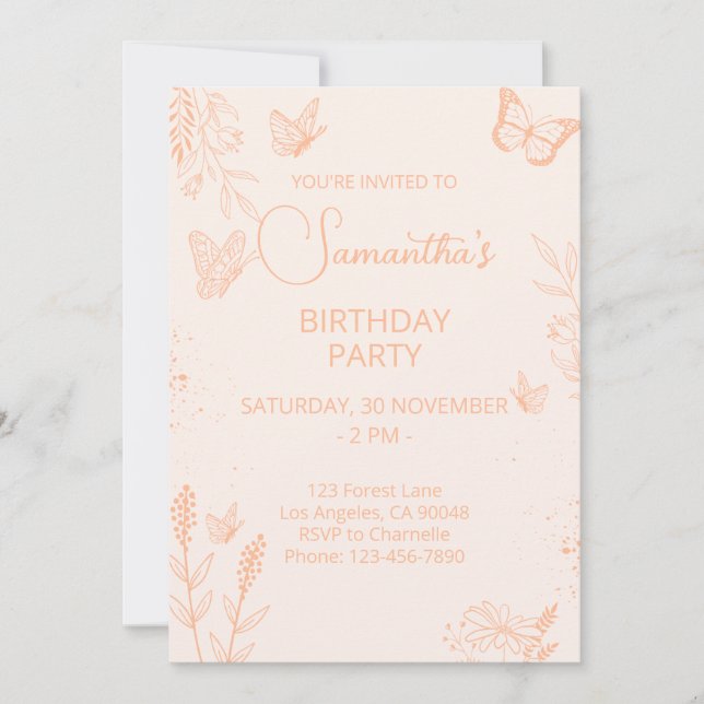 Peach Fuzz Butterfly Birthday Invitation (Front)