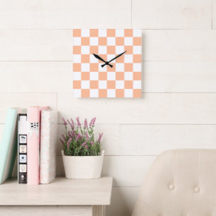 Peach Fuzz Chequered Gingham Pattern Square Wall Clock
