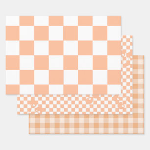 Peach Fuzz Chequered Gingham Pattern Wrapping Paper Sheet
