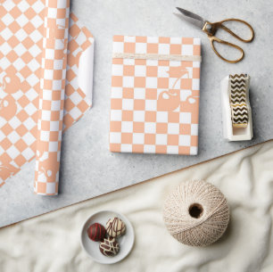 Peach Fuzz Chequered Retro Cherry Plaid Pattern Wrapping Paper