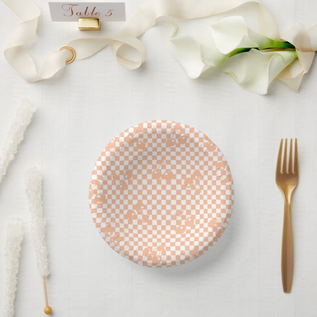 Peach Fuzz Cherry Gingham Pattern Paper Plate (Wedding)