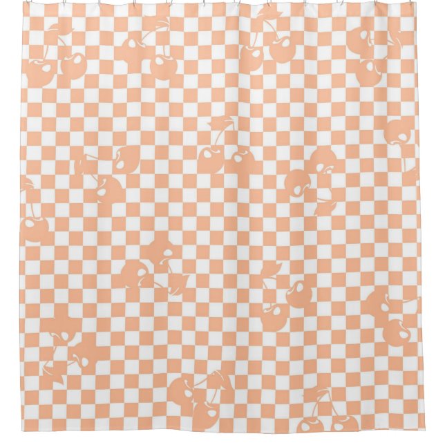 Peach Fuzz Cherry Gingham Pattern Shower Curtain (Front)