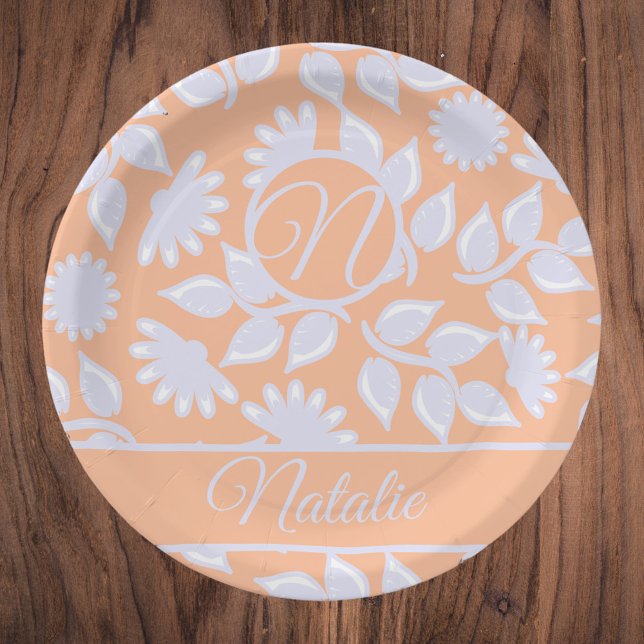 Peach  Fuzz colour - floral pattern  - monogrammed Paper Plate (Creator Uploaded)