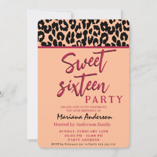 Peach fuzz Cool Trendy whimsy leopard sweet 16   Invitation
