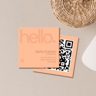 Peach fuzz Coral Pink Retro Hello QR Code Square Business Card