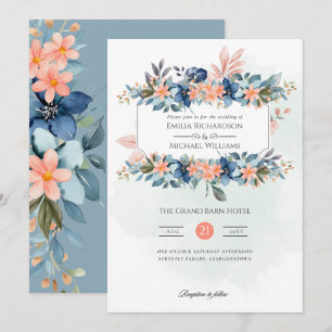 Peach Fuzz Dusty Blue Floral Vintage Wedding Invitation