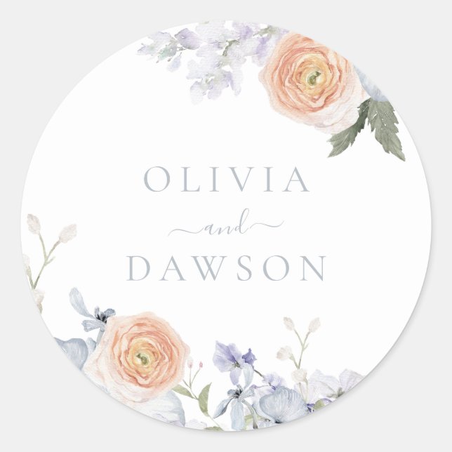 Peach Fuzz Dusty Blue Modern Trendy Wedding Classic Round Sticker (Front)