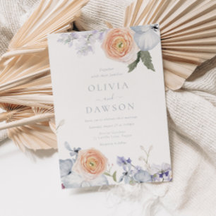 Peach Fuzz Dusty Blue Modern Trendy Wedding Invitation