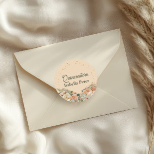 Peach Fuzz Floral and Gold Glitter Quinceanera Classic Round Sticker