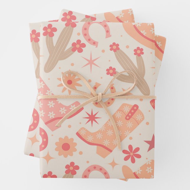Peach Fuzz Groovy Cowgirl boots and hats Wrapping Paper Sheet (In situ)