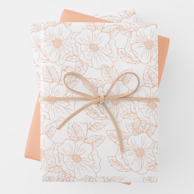 Peach Fuzz Minimalist Trendy Colour Flower Pattern Wrapping Paper Sheet (In situ)
