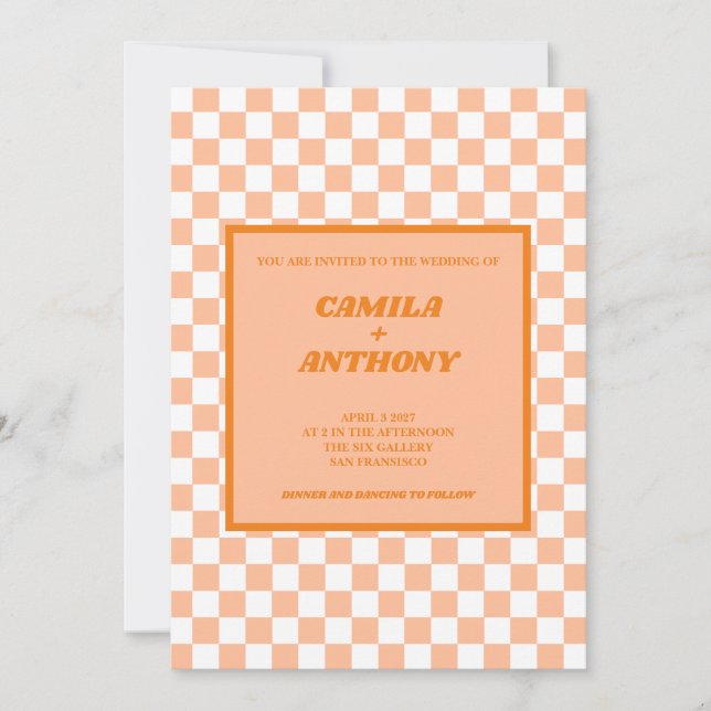 Peach Fuzz Orange Chequered Gingham Pattern  Invitation (Front)