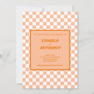 Peach Fuzz Orange Chequered Gingham Pattern  Invitation