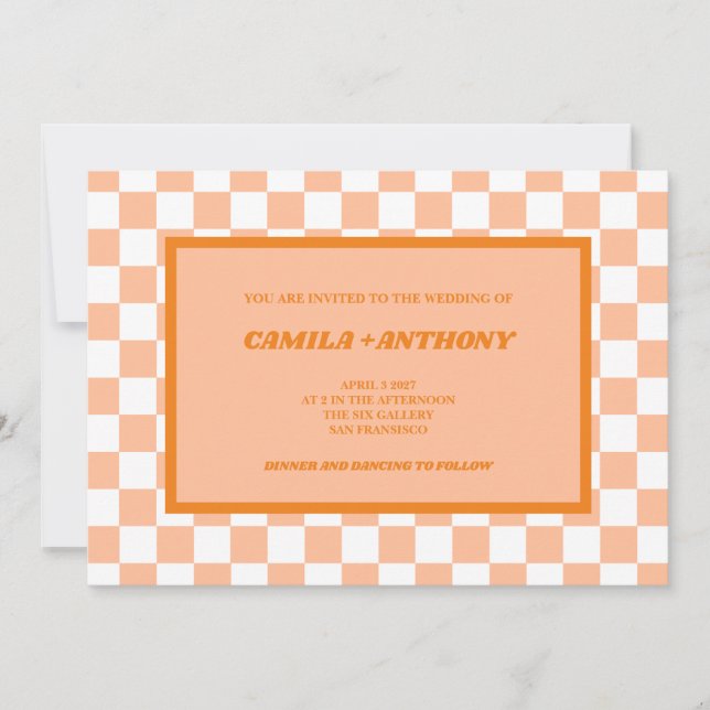 Peach Fuzz Orange Chequered Gingham Pattern Invitation (Front)