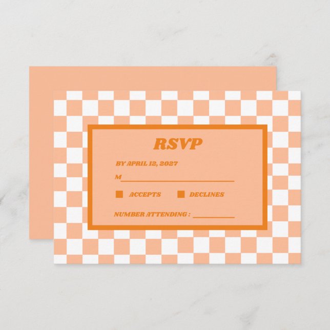 Peach Fuzz Orange Chequered Gingham Pattern RSVP Card (Front/Back)