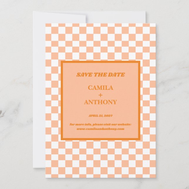 Peach Fuzz Orange Chequered Gingham Pattern Save The Date (Front)
