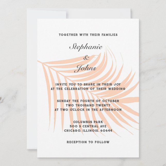 Peach Fuzz Palm Tree Tropical Leaf Classy Wedding Invitation (Front)