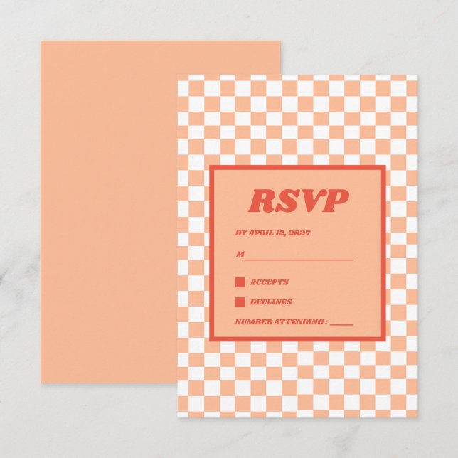 Peach Fuzz Red Chequered Gingham Pattern RSVP Card (Front/Back)