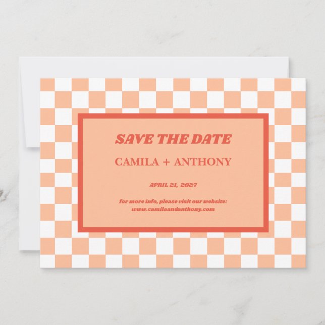 Peach Fuzz Red Chequered Gingham Pattern Save The Date (Front)