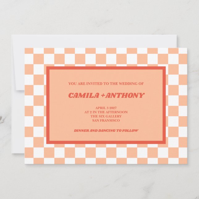 Peach Fuzz Red Chequered Gingham Pattern Wedding Invitation (Front)