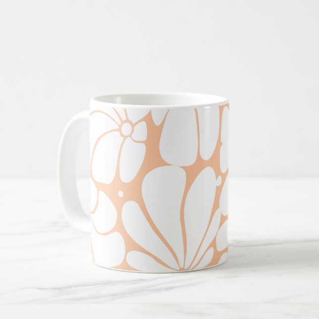 Peach Fuzz Retro 70s White Flower Graphic Design Coffee Mug (Front Left)