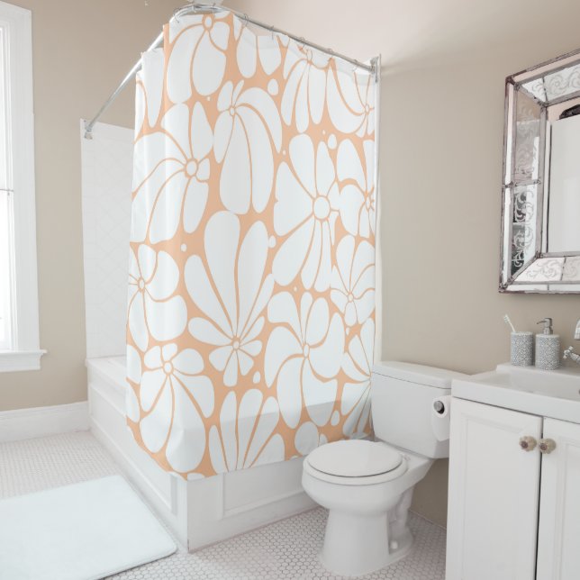 Peach Fuzz Retro 70s White Flower Graphic Design Shower Curtain (In Situ)
