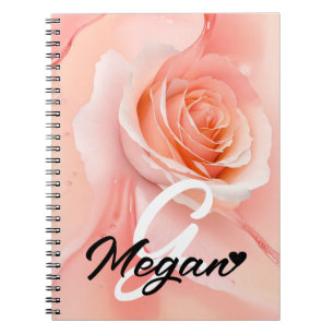 Peach Fuzz Rose Background Monogram Name Heart Notebook