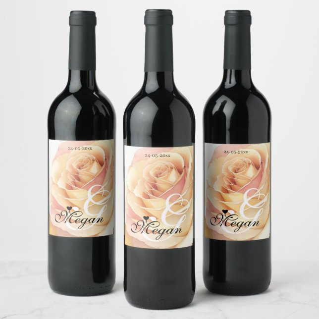 Peach Fuzz Rose Background Monogram Name Heart Wine Label (Bottles)