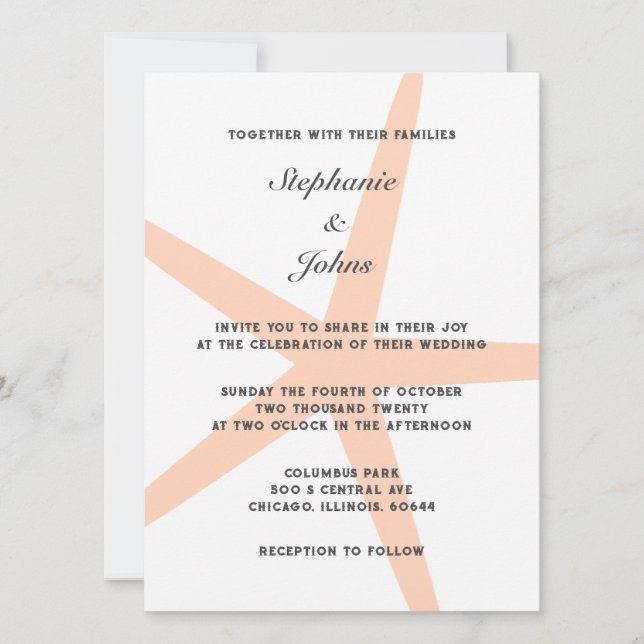 Peach Fuzz Starfish Tropical Beach Elegant Wedding Invitation (Front)