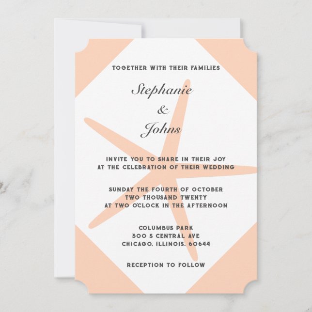 Peach Fuzz Starfish Tropical Coral Beach Wedding Invitation (Front)
