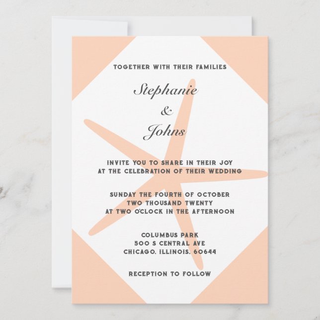 Peach Fuzz Starfish Tropical Elegant Beach Wedding Invitation (Front)