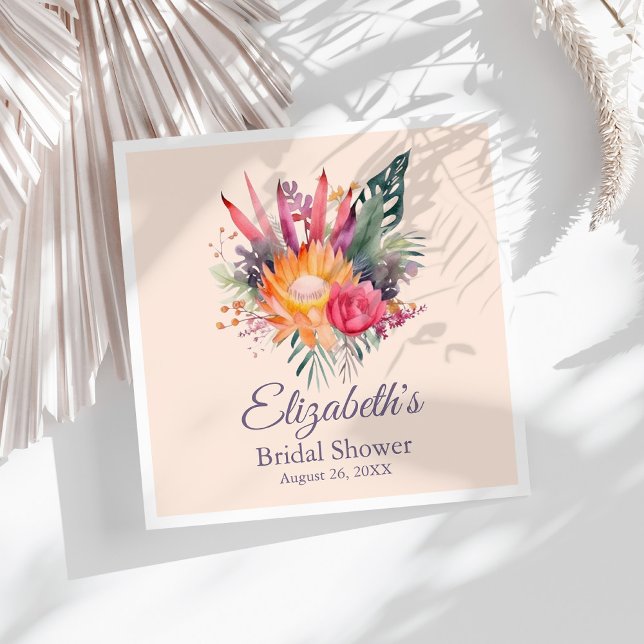 Peach Fuzz Tropical Flowers Bridal Shower Napkin (Peach Fuzz Tropical Flowers Bridal Shower Napkins on a sunny white table with dry palm leaf.)