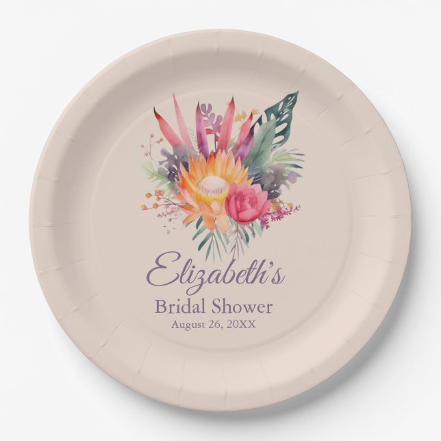 Peach Fuzz Tropical Flowers Bridal Shower Paper Plate (Front)