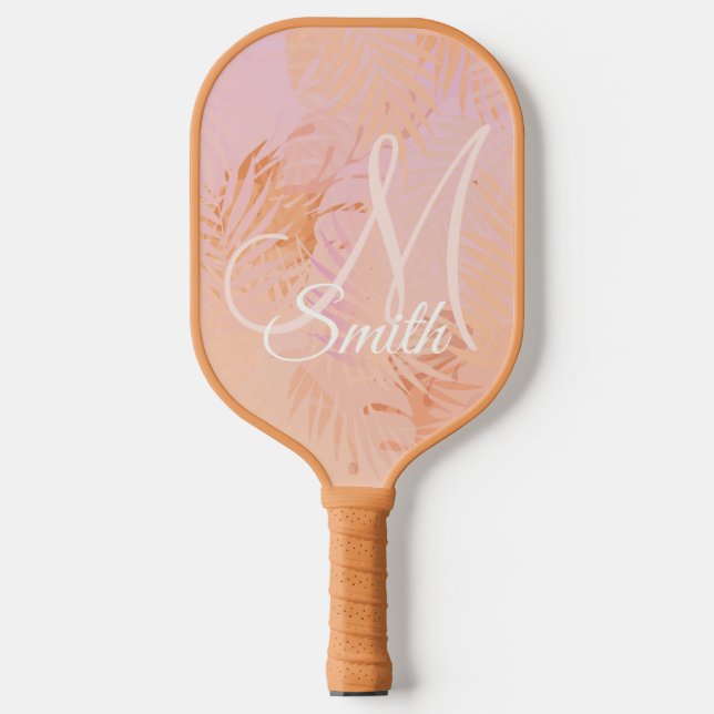 Peach Fuzz Tropical Leaves Personalised Gift Pickleball Paddle (Front)