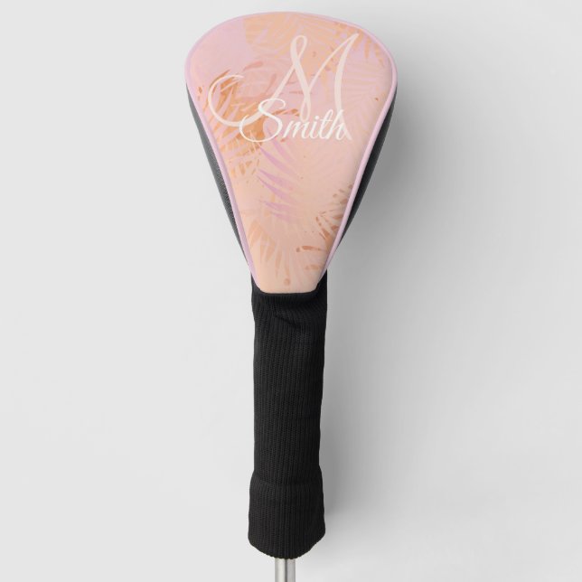 Peach Fuzz Tropical Leaves Personalised Monogram  Golf Head Cover (Front)