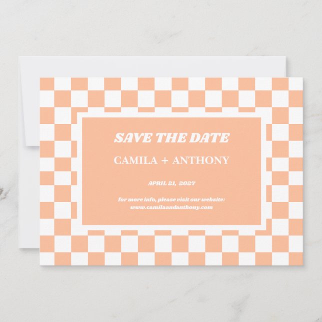 Peach Fuzz White Chequered Gingham Pattern Save The Date (Front)