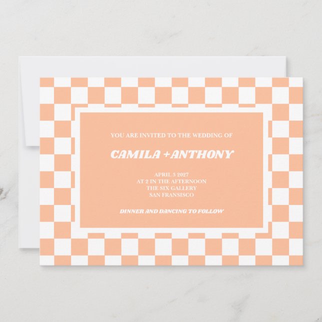 Peach Fuzz White Chequered Gingham Pattern Wedding Invitation (Front)