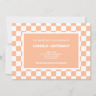 Peach Fuzz White Chequered Gingham Pattern Wedding Invitation
