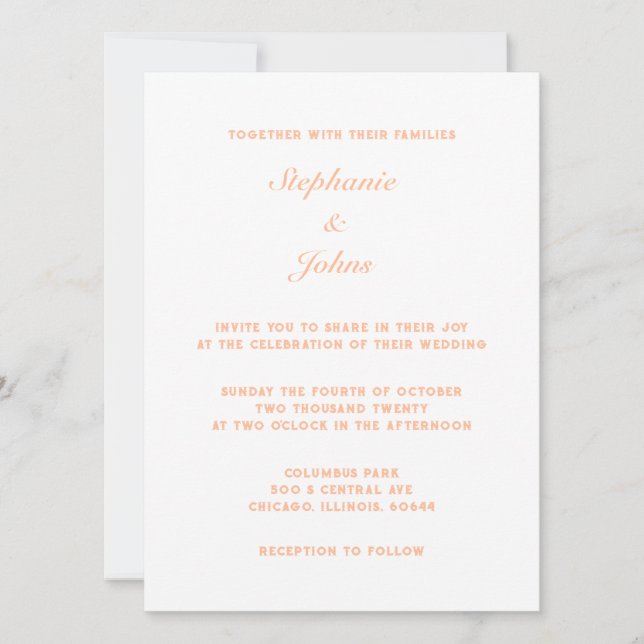 Peach Fuzz White Elegant Simple Minimal Wedding Invitation (Front)