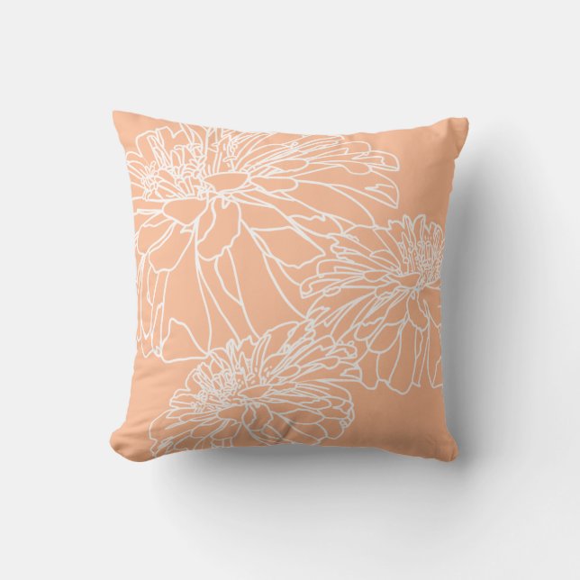 Peach fuzz white orange floral line drawing  cushion (Front)