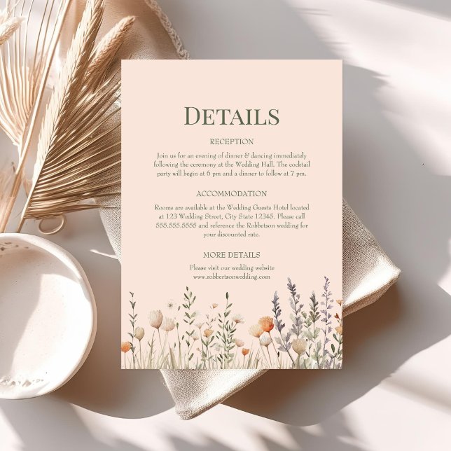 Peach Fuzz Wildflowers Wedding Details Card (Peach Fuzz Wildflowers Wedding Details Card on a table with boho decor and dry flowers.)