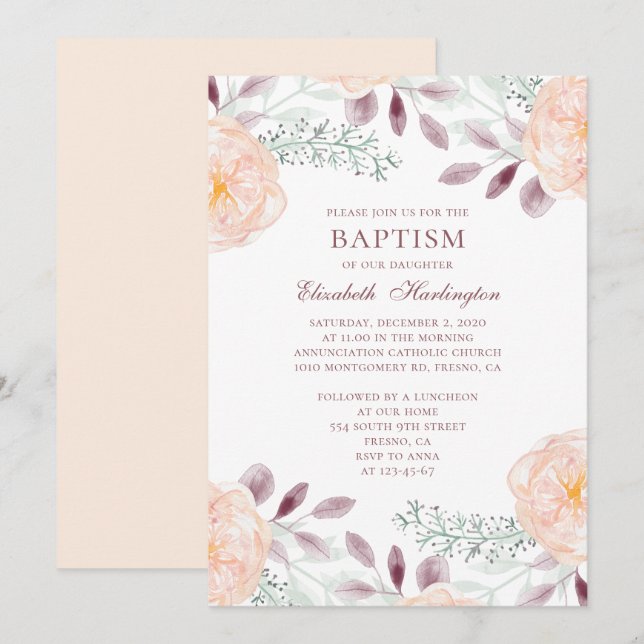 Peach garden flowers. Blush floral. Fall baptism Invitation (Front/Back)